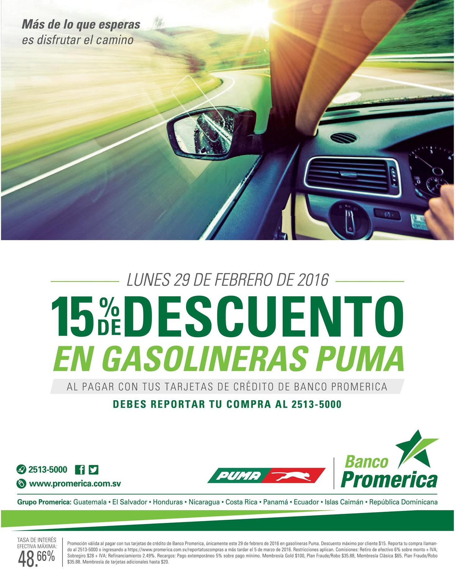 Gasolinera PUMA 15 off von tus tarjetas del banco promerica - 29feb16 -  Ofertas Ahora